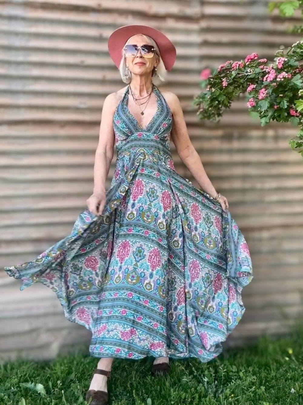 CIENNA maxi halter dress NWT blue pink boho floral travel 70s size small